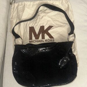 Michael Kors Black Snake Embossed Leather Hobo Bag Silver Hardware